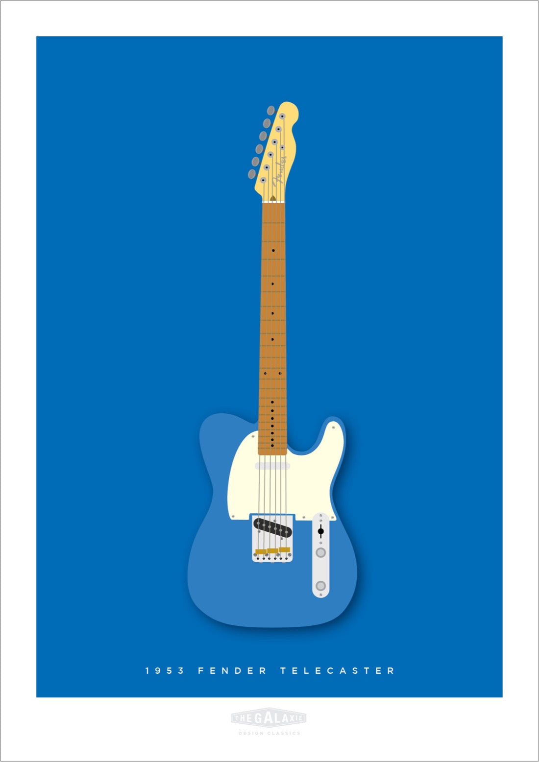 FENDER TELECASTER 1953 Blue 1 - The Galaxie Design ClassicsBeautiful hand drawn poster of a totally stunning blue 1953 Fender Telecaster on a rich blue background.