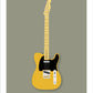Beautiful hand drawn poster of a totally stunning butterscotch 1953 Fender Telecaster on a soft grey background.
