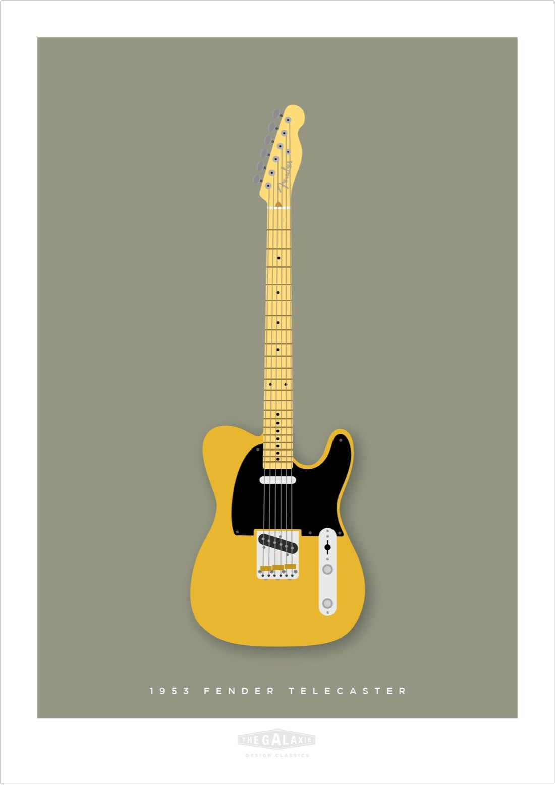 Beautiful hand drawn poster of a totally stunning butterscotch 1953 Fender Telecaster on a soft grey background.