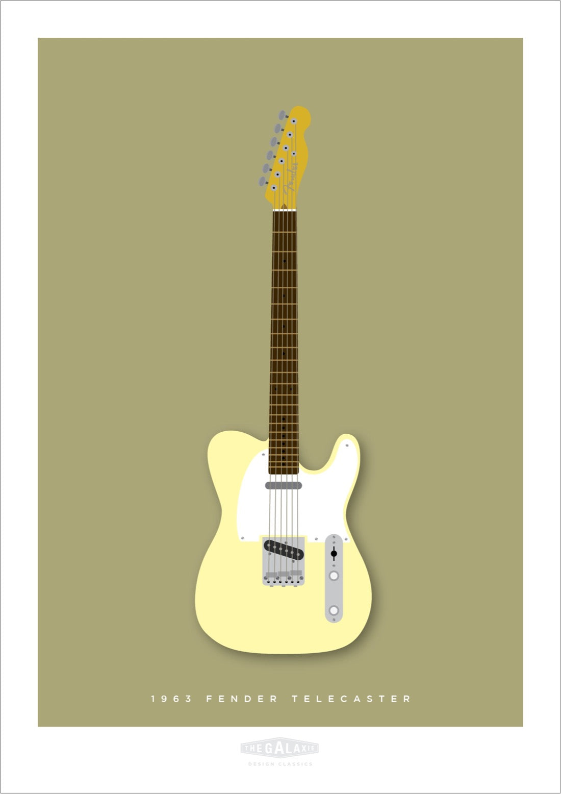 Beautiful hand drawn poster of a totally stunning cream 1963 Fender Telecaster on a soft olive background.