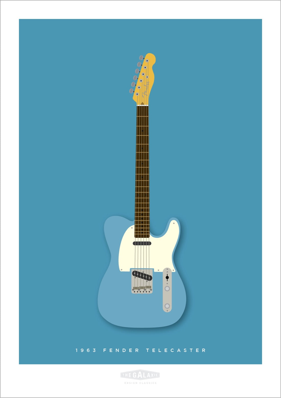 Beautiful hand drawn poster of a totally stunning light blue 1963 Fender Telecaster on a soft blue background.