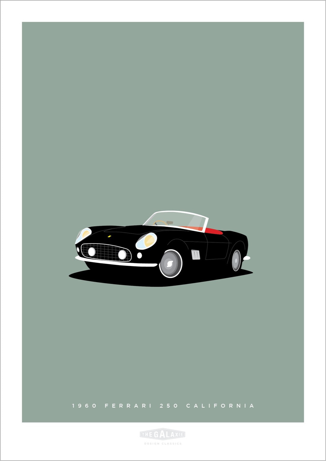 Beautiful original poster of a gorgeous black 1960 Ferrari 250 California on a soft green background