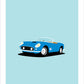 Beautiful original poster of a gorgeous blue 1960 Ferrari 250 California convertible on a light blue background