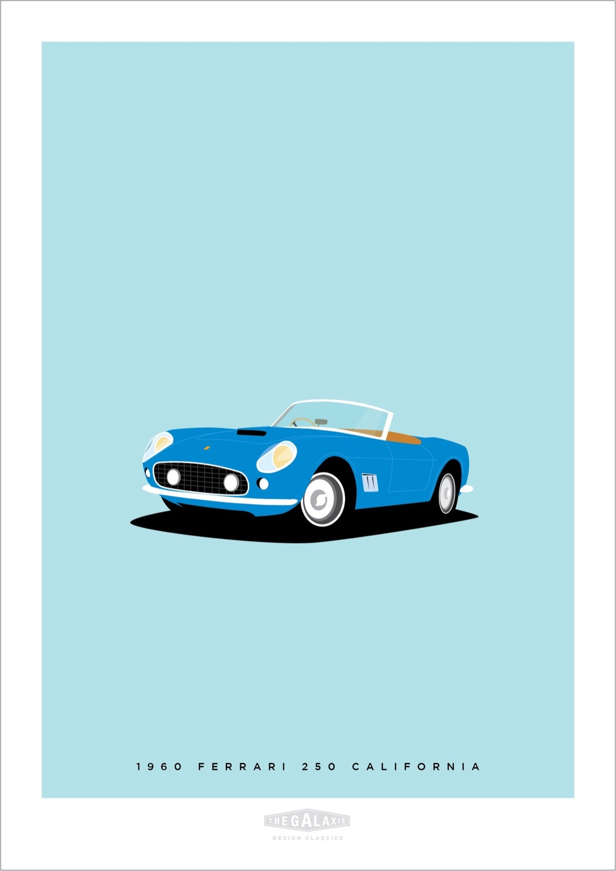 Beautiful original poster of a gorgeous blue 1960 Ferrari 250 California convertible on a light blue background