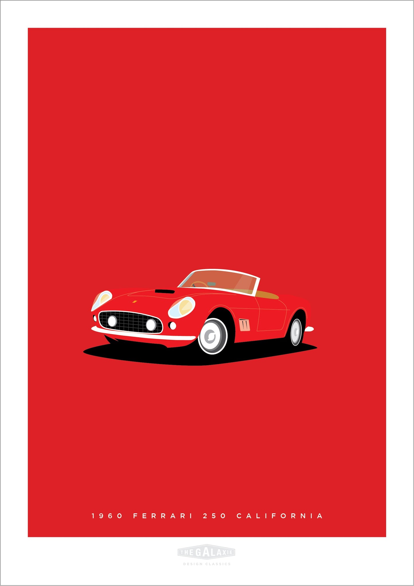 Beautiful original poster of a gorgeous red 1960 Ferrari 250 California convertible on a red background