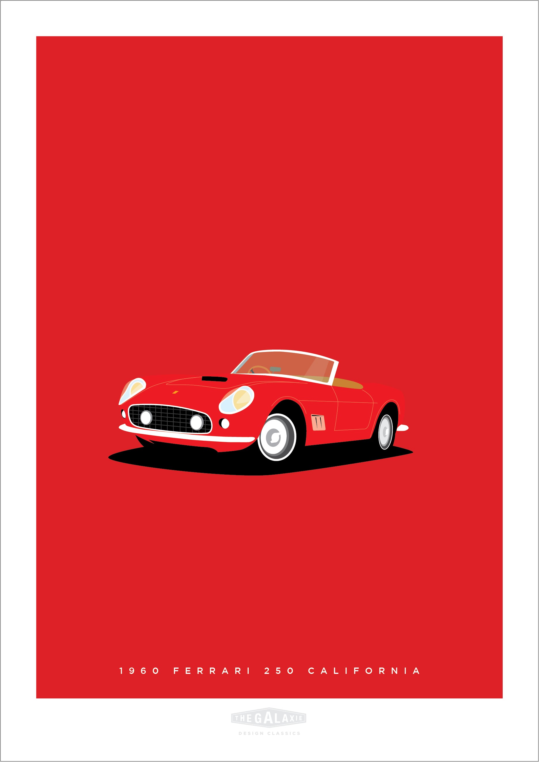 Beautiful original poster of a gorgeous red 1960 Ferrari 250 California convertible on a red background