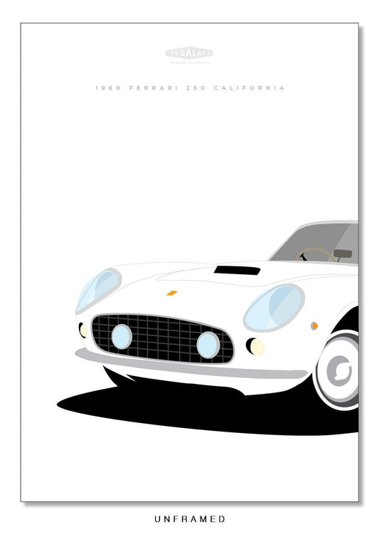 Beautiful original poster of a gorgeous white 1960 Ferrari 250 California convertible on a white background