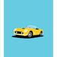 Beautiful original poster of a gorgeous yellow 1960 Ferrari 250 California convertible on a light blue background