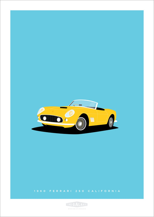 Beautiful original poster of a gorgeous yellow 1960 Ferrari 250 California convertible on a light blue background