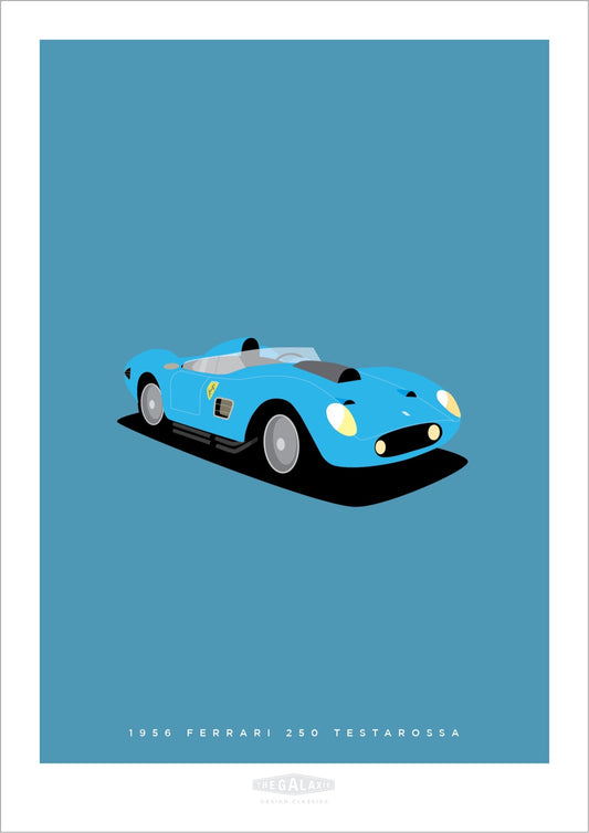 An original poster of a blue 1956 Ferrari 250 Testarossa 1956 on an elegant blue background