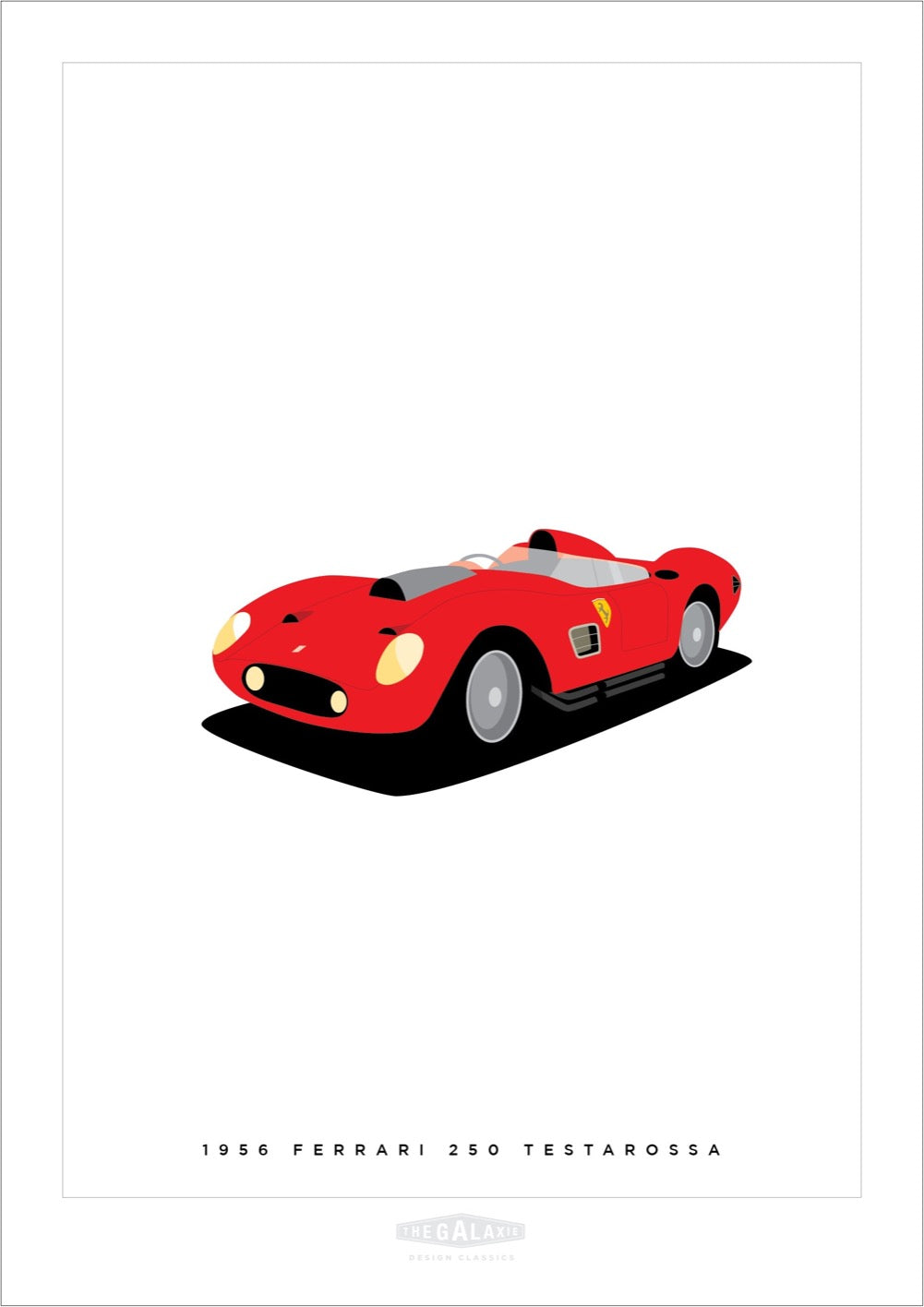 An original poster of a red 1956 Ferrari 250 Testarossa 1956 on a red background