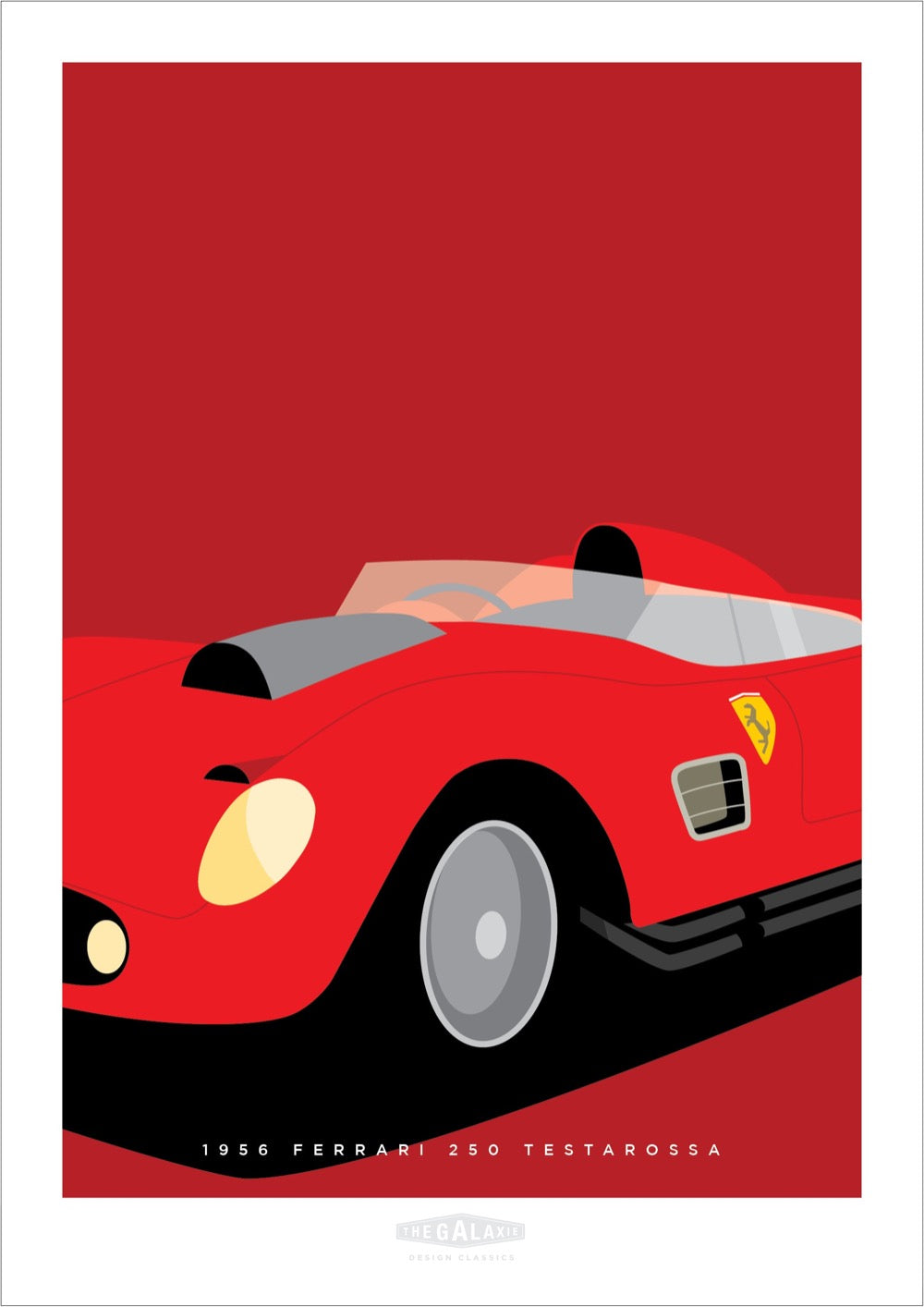 An original poster of a red 1956 Ferrari 250 Testarossa 1956 on a red background