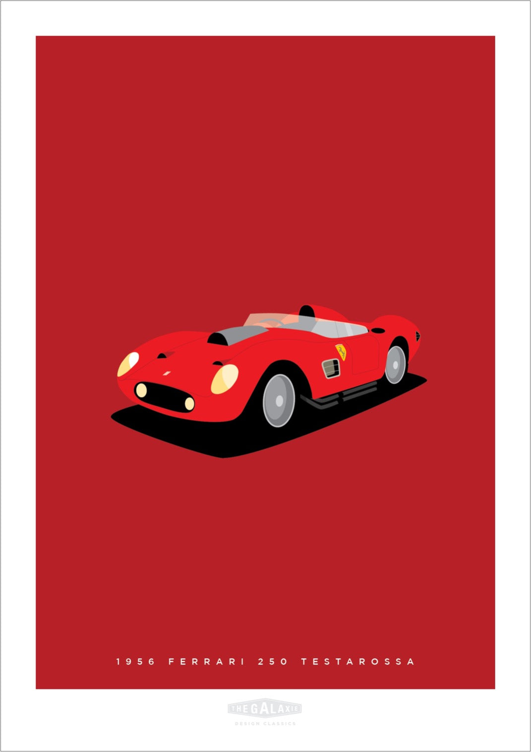 An original poster of a red 1956 Ferrari 250 Testarossa 1956 on a red background