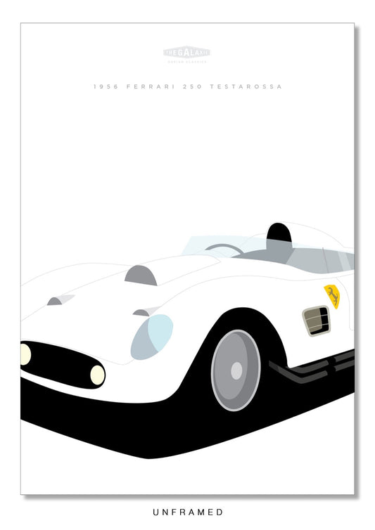 An original poster of a white 1956 Ferrari 250 Testarossa 1956 on a white background