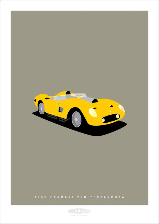 An original poster of a yellow 1956 Ferrari 250 Testarossa 1956 on an elegant stone background