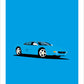 An original hand drawn poster of a blue 1994 Ferrari 355 Berlinetta on a blue background.