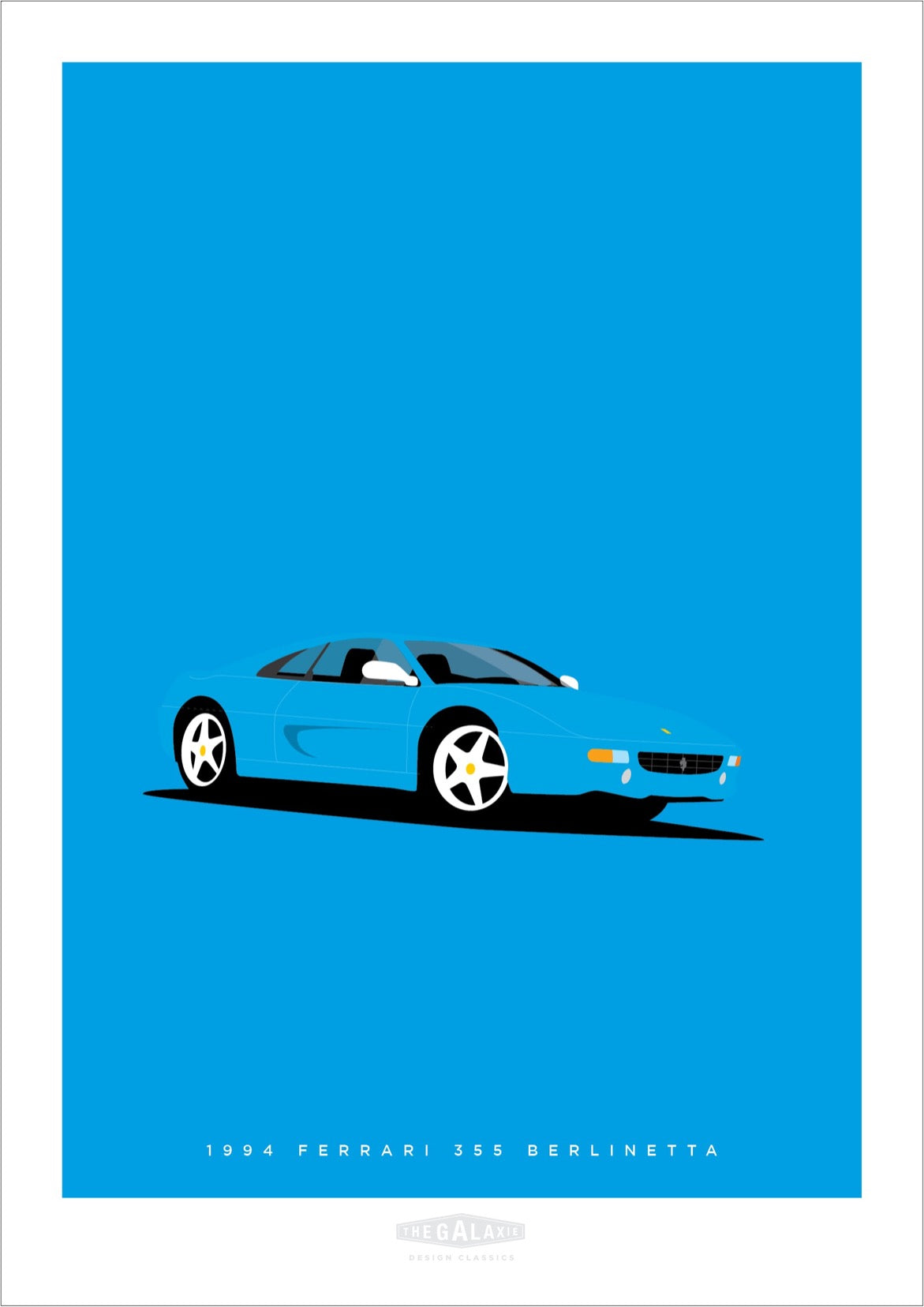 An original hand drawn poster of a blue 1994 Ferrari 355 Berlinetta on a blue background.