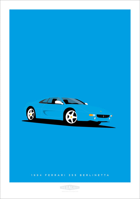 An original hand drawn poster of a blue 1994 Ferrari 355 Berlinetta on a blue background.