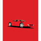An original hand drawn poster of a red 1968 Ferrari Dino on a red background