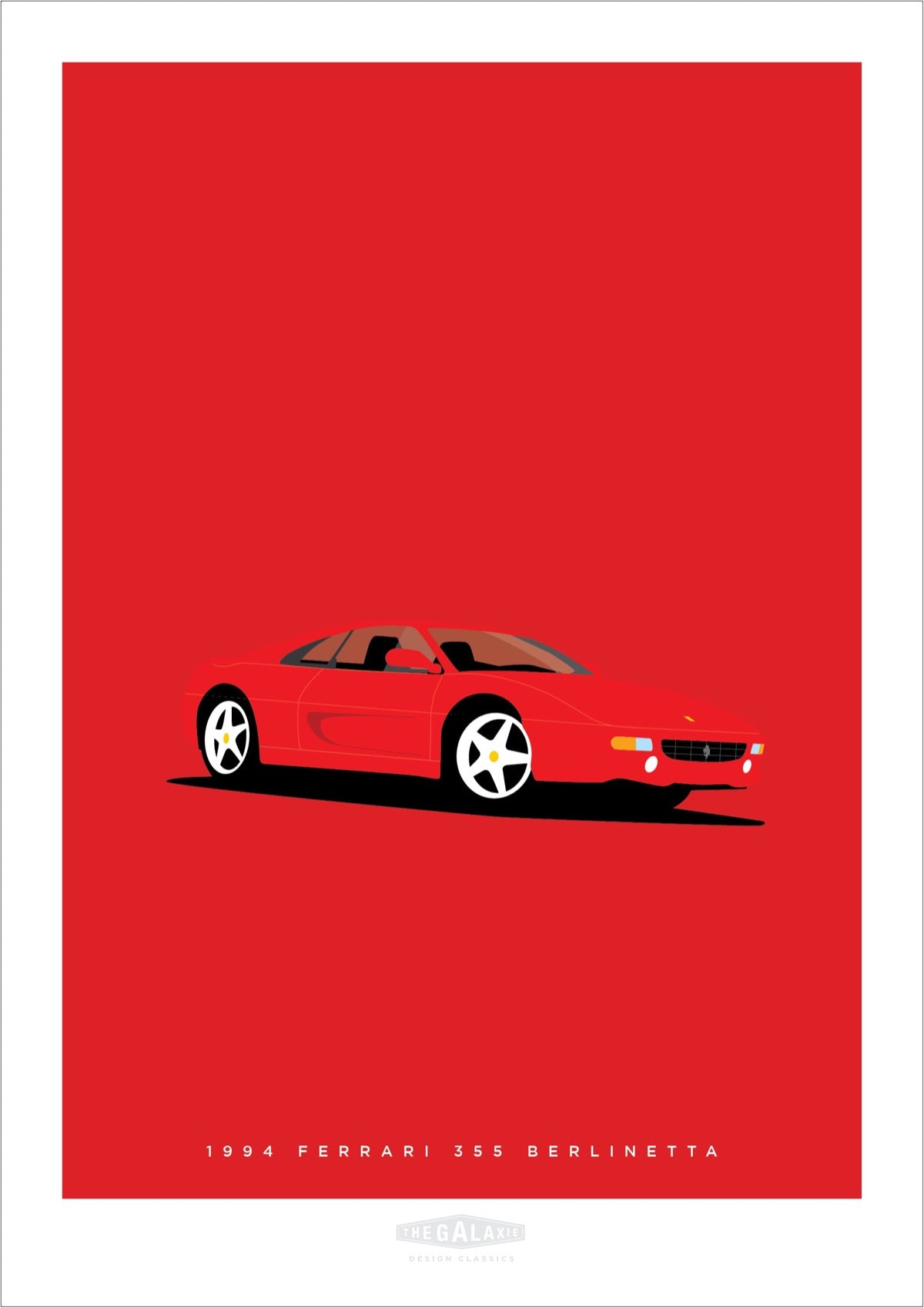 An original hand drawn poster of a red 1968 Ferrari Dino on a red background