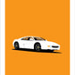 An original hand drawn poster of a white 1994 Ferrari 355 Berlinetta on an orange background.