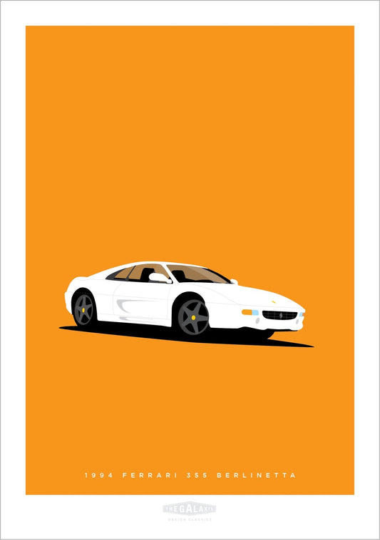 An original hand drawn poster of a white 1994 Ferrari 355 Berlinetta on an orange background.