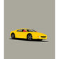 An original hand drawn poster of a yellow 1994 Ferrari 355 Berlinetta on a light grey background.