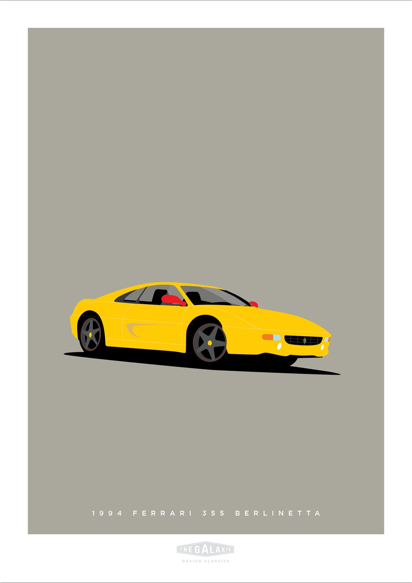 An original hand drawn poster of a yellow 1994 Ferrari 355 Berlinetta on a light grey background.