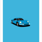 An original hand drawn poster of a blue 1968 Ferrari Dino on a light blue background