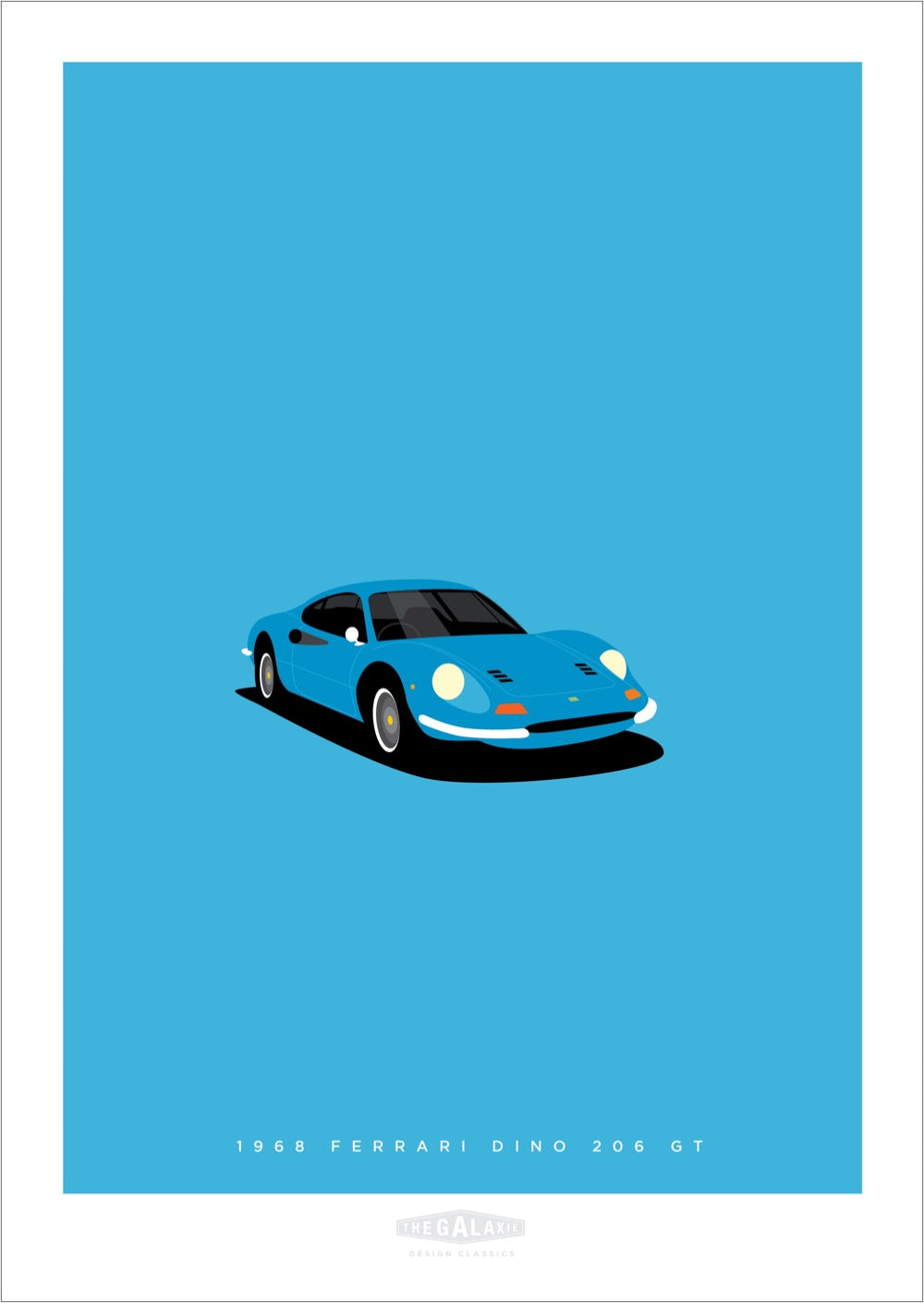 An original hand drawn poster of a blue 1968 Ferrari Dino on a light blue background