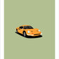 An original hand drawn poster of a yellow 1968 Ferrari Dino on a pistachio green background