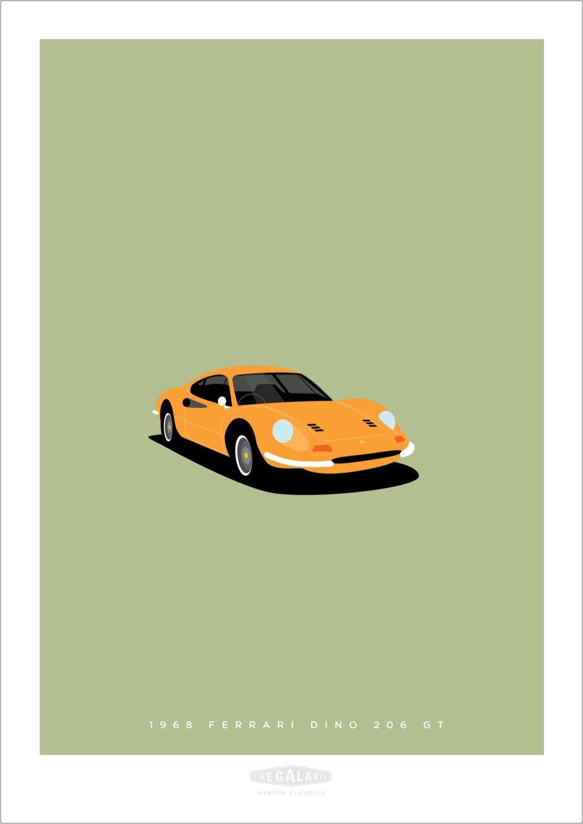 An original hand drawn poster of a yellow 1968 Ferrari Dino on a pistachio green background