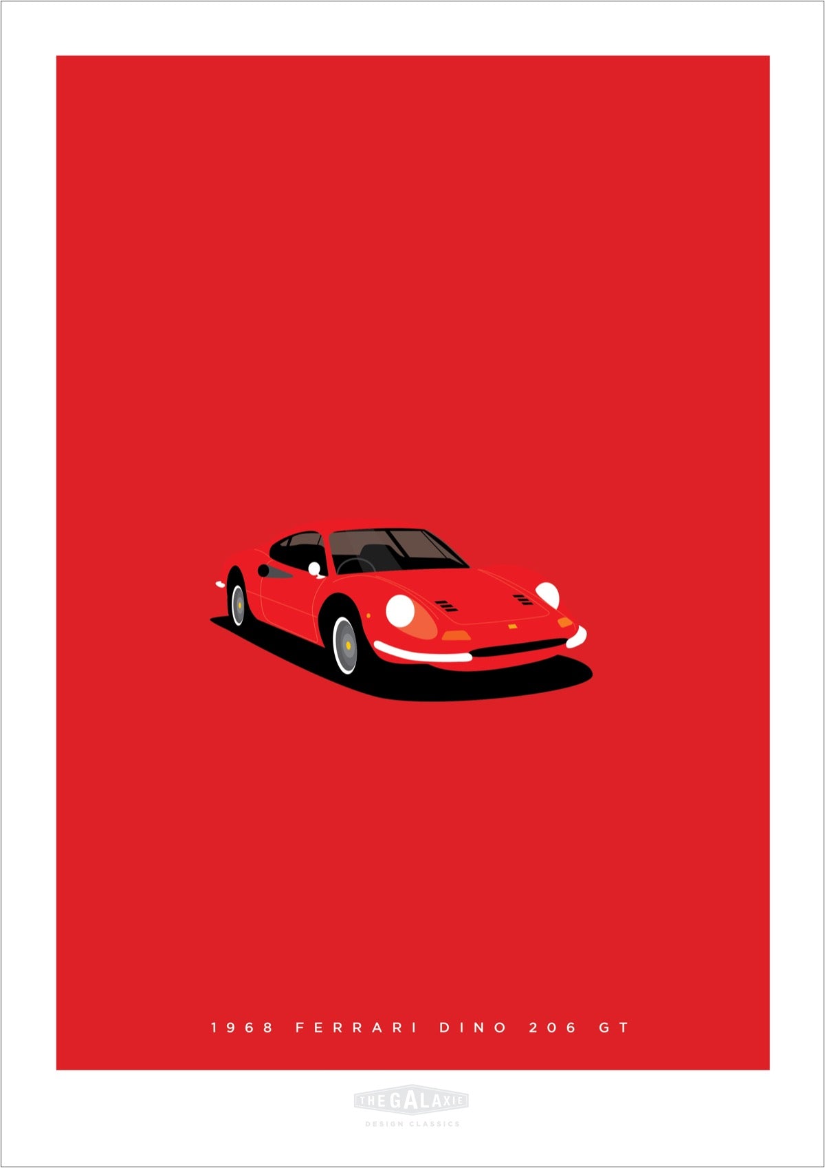 An original hand drawn poster of a red 1968 Ferrari Dino on a red background