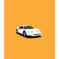 An original hand drawn poster of a white 1968 Ferrari Dino on an orange background