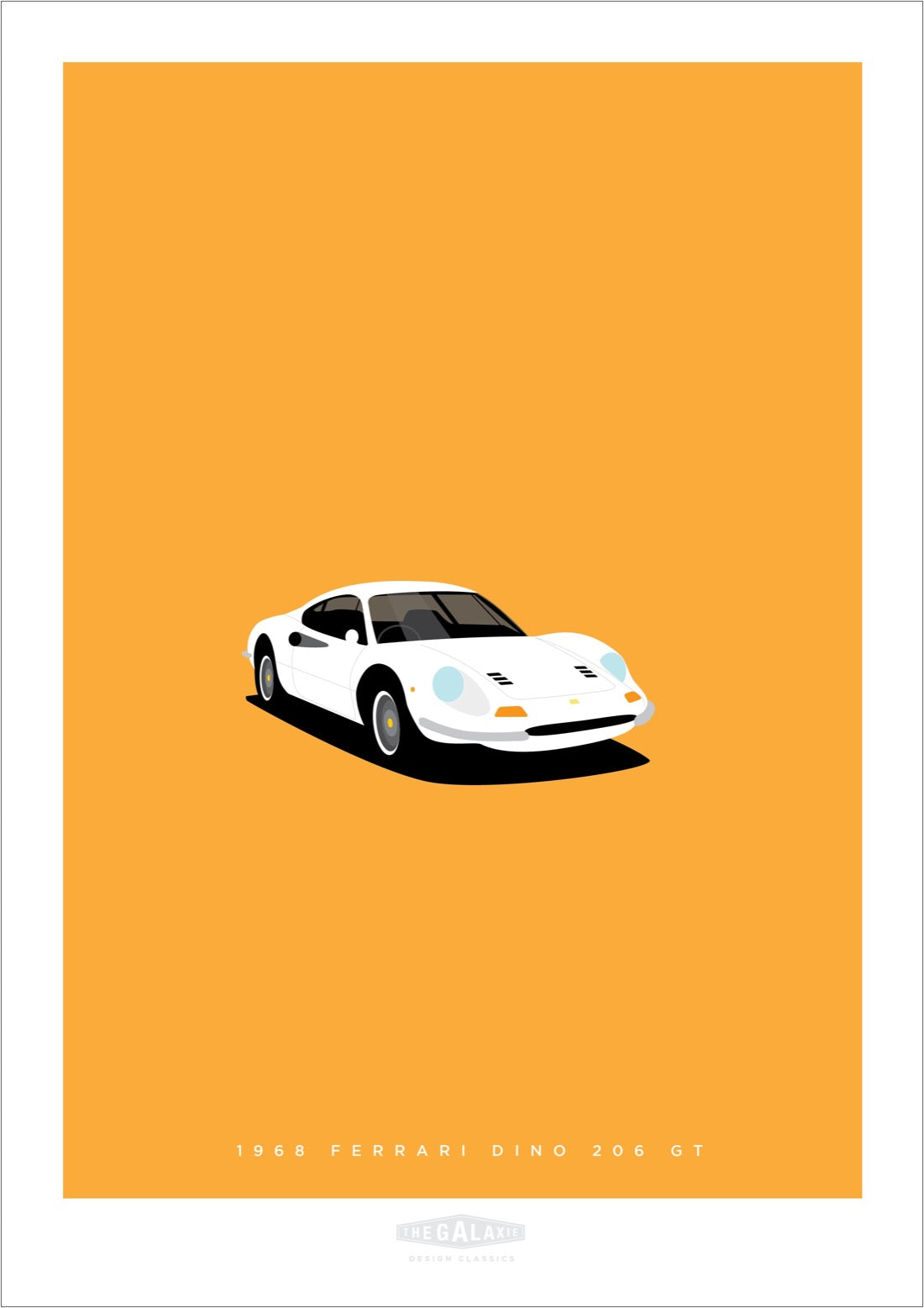 An original hand drawn poster of a white 1968 Ferrari Dino on an orange background