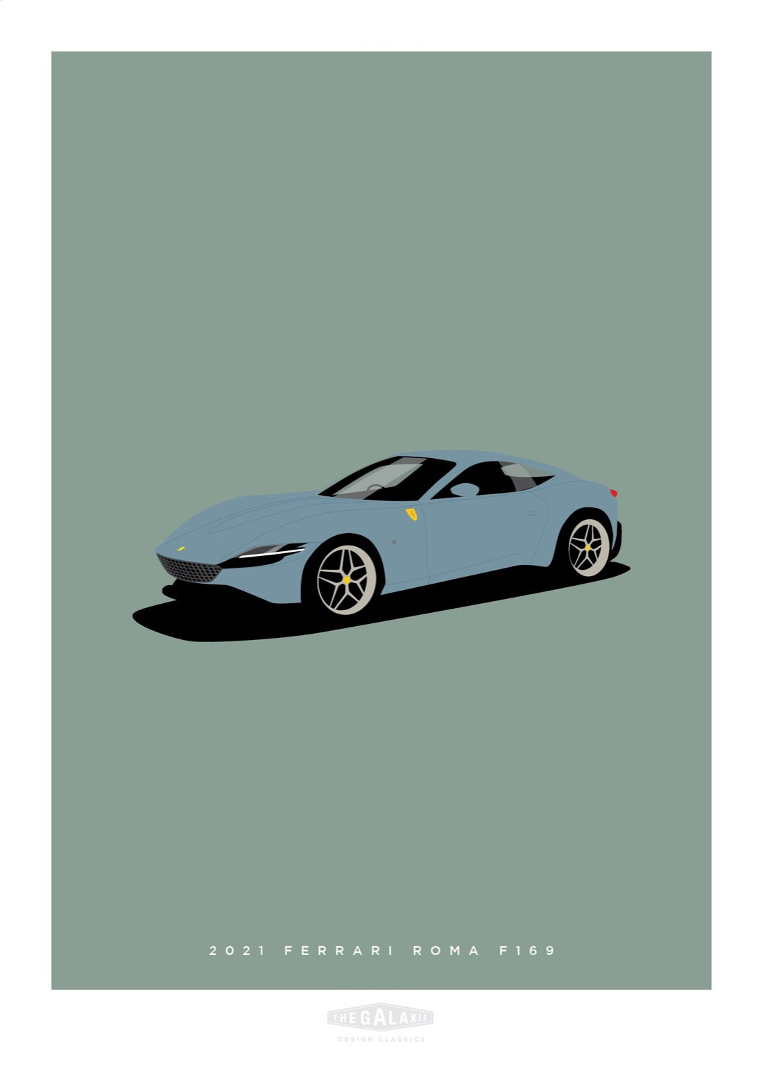 An original hand drawn poster of a gorgeous grey blue 2021 Ferrari Roma F169 2021 on a soft green background.