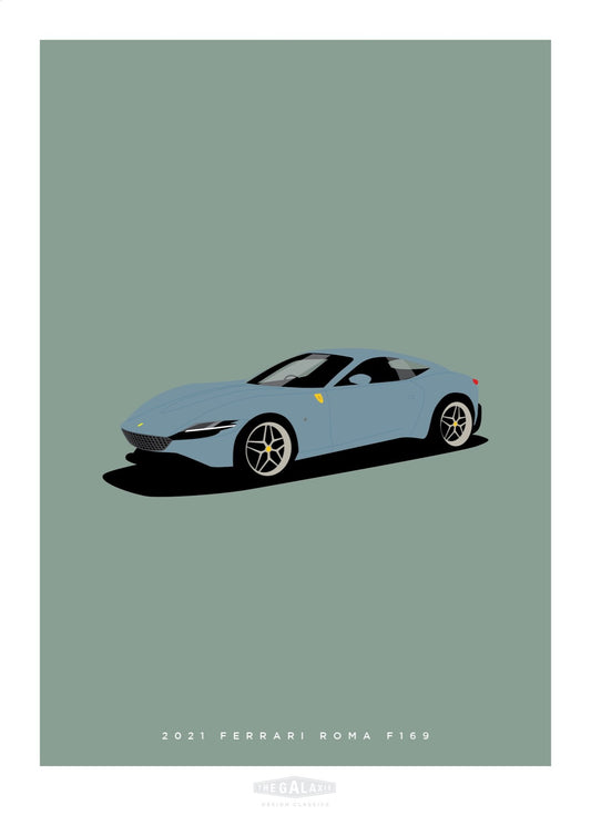 An original hand drawn poster of a gorgeous grey blue 2021 Ferrari Roma F169 2021 on a soft green background.