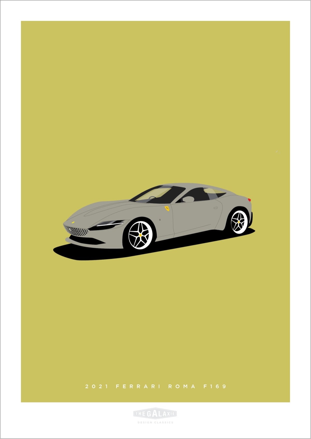 An original hand drawn poster of a gorgeous grey 2021 Ferrari Roma F169 2021 on a soft green background.