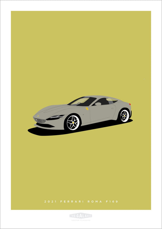 An original hand drawn poster of a gorgeous grey 2021 Ferrari Roma F169 2021 on a soft green background.