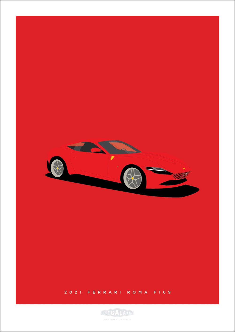 An original hand drawn poster of a gorgeous red 2021 Ferrari Roma F169 2021 on a red background.