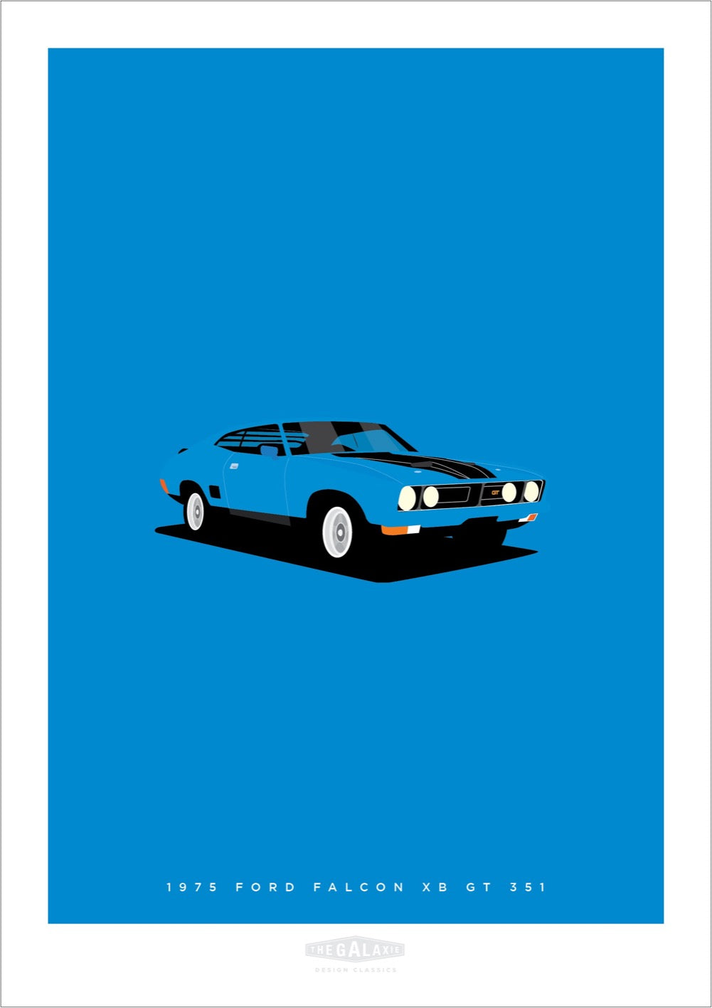 An original hand drawn poster of the mighty blue 1975 Ford Falcon XB GT 351 on a blue background.