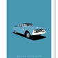 An original hand drawn poster of a blue 1962 Ford Falcon XK ute on a blue background.