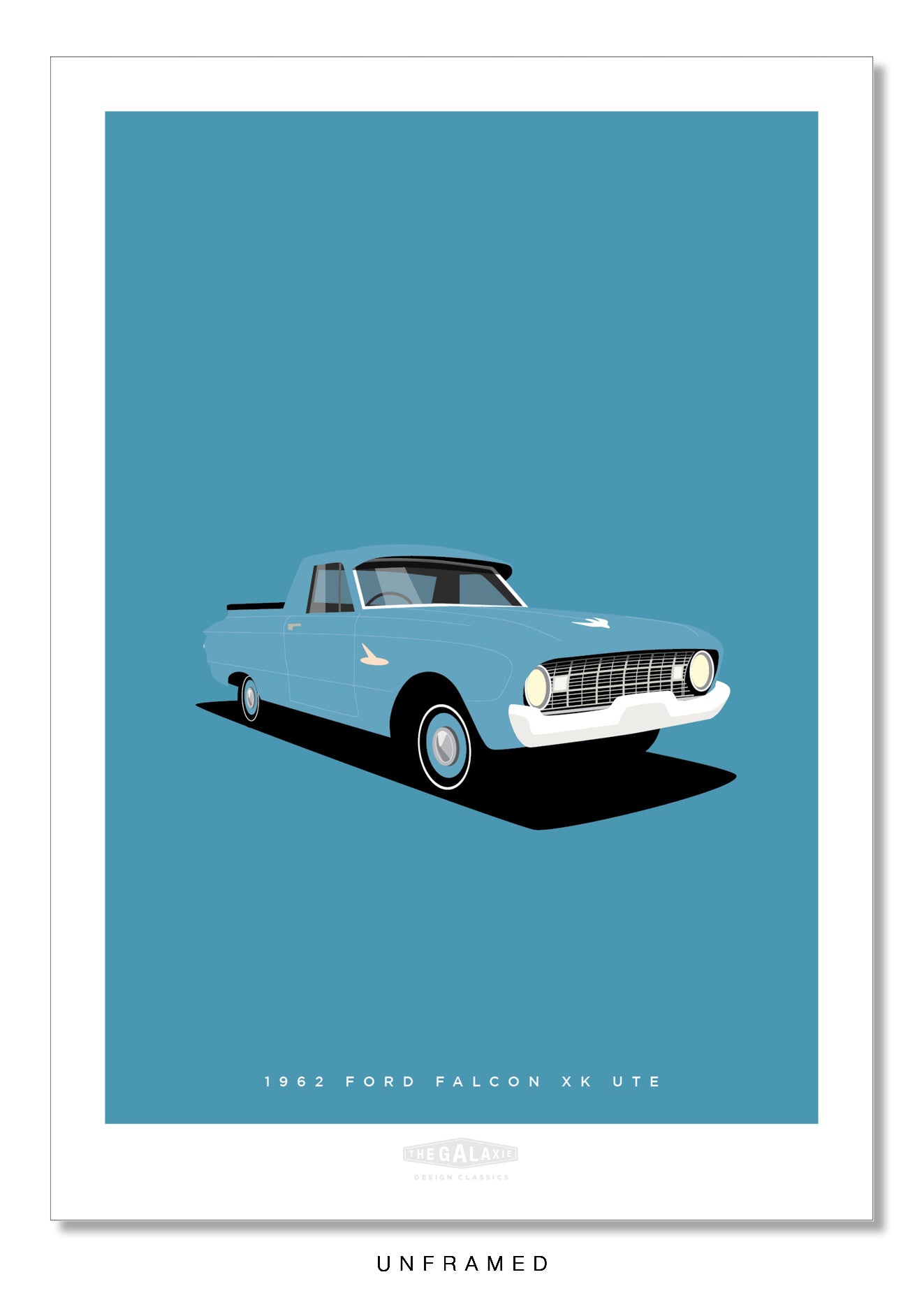 An original hand drawn poster of a blue 1962 Ford Falcon XK ute on a blue background.