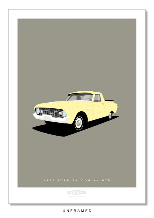 An original hand drawn poster of a cream 1962 Ford Falcon XK ute on a stone background.