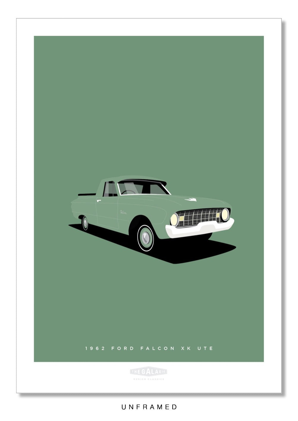 An original hand drawn poster of a green 1962 Ford Falcon XK ute on a green background.