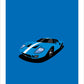An original hand drawn poster of a blue 1968 Ford GT40 supercar on a blue backgrou