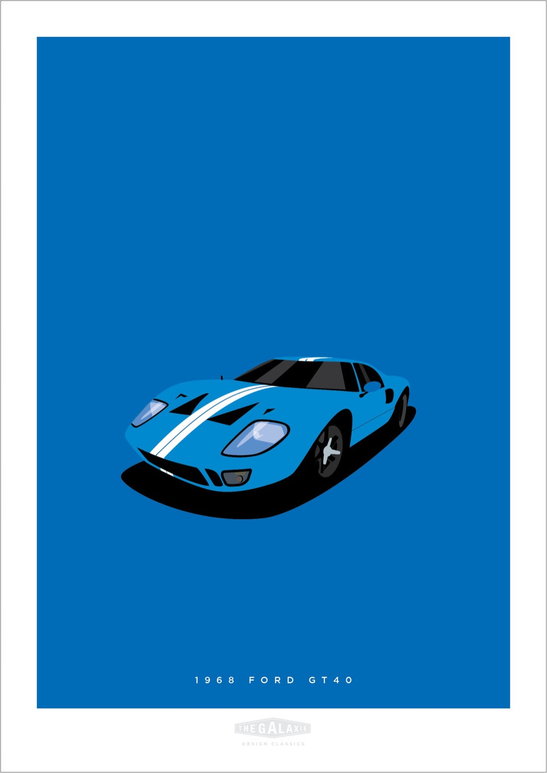 An original hand drawn poster of a blue 1968 Ford GT40 supercar on a blue backgrou