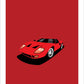 An original hand drawn poster of a red 1968 Ford GT40 supercar on a red background.