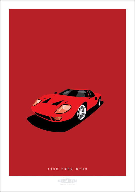 An original hand drawn poster of a red 1968 Ford GT40 supercar on a red background.