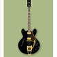 An original hand drawn poster of a black 1966 Gibson ES 355 on a green background.